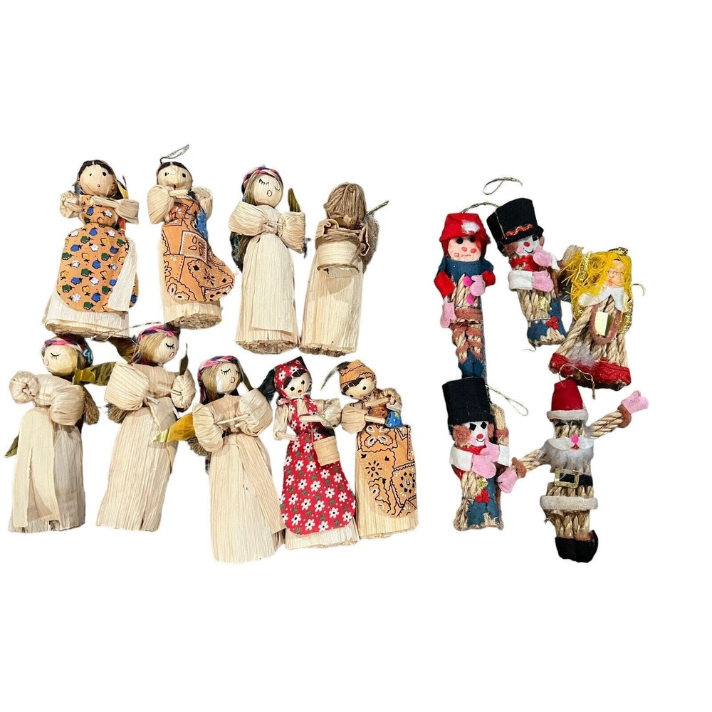 Vintage Corn Husk Ornaments Lot Handmade Folk Art Angels Santa Snowman 14pc